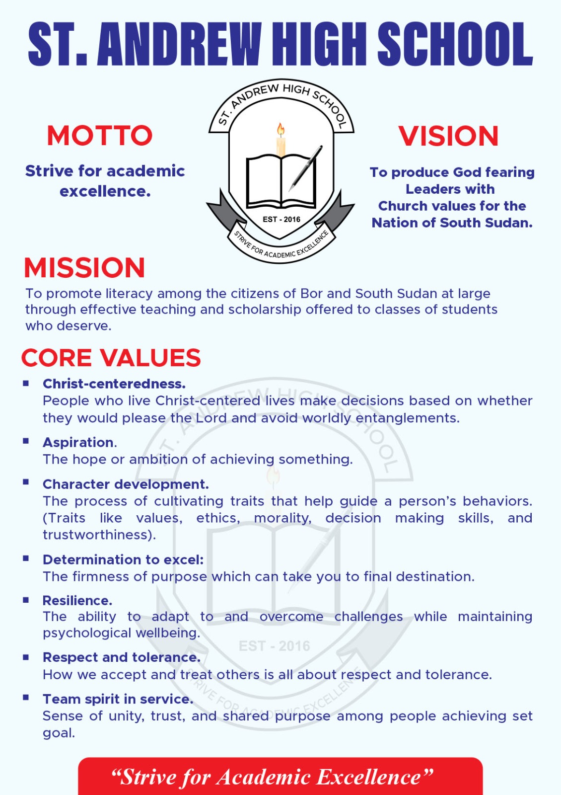 St Andrew High School mission, vision, motto, and core values poster